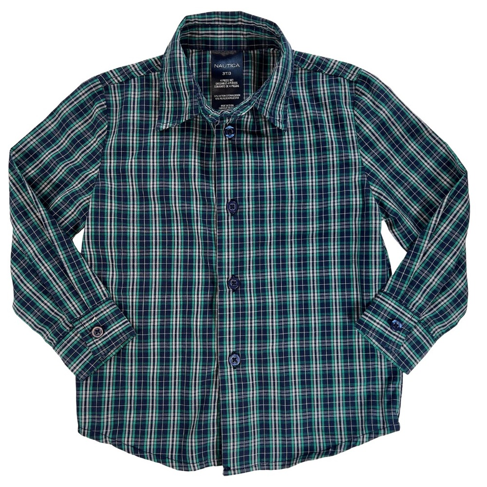 Nautica Boys Plaid Button-Up Shirt 3T Long Sleeve Blue Green Casual Top‎